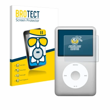 Front side of a product packaging with the brand logo BROTECT. Next to it is the device Apple iPod classic 160 GB (7th Gen.) s