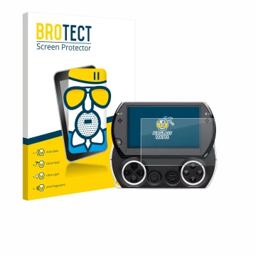 Front side of a product packaging with the brand logo BROTECT. Next to it is the device Sony PSP Go shown with the correspondi