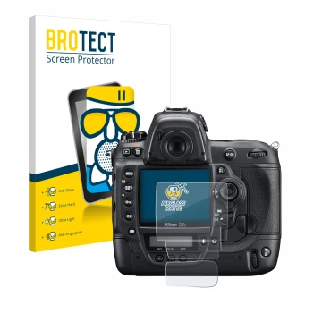 Front side of a product packaging with the brand logo BROTECT. Next to it is the device Nikon D3S shown with the corresponding