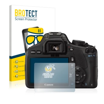 Front side of a product packaging with the brand logo BROTECT. Next to it is the device Canon EOS 550D shown with the correspo