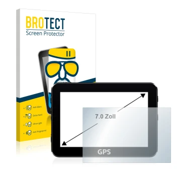 Front side of a product packaging with the brand logo BROTECT. Next to it is the device shown with the corresponding screen pr