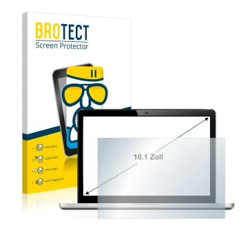 Front side of a product packaging with the brand logo BROTECT. Next to it is the device shown with the corresponding screen pr