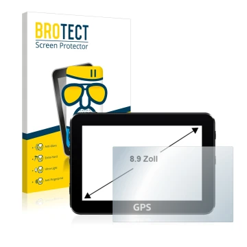 Front side of a product packaging with the brand logo BROTECT. Next to it is the device shown with the corresponding screen pr