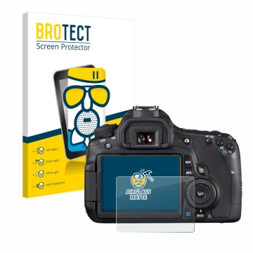Front side of a product packaging with the brand logo BROTECT. Next to it is the device Canon EOS 60D shown with the correspon