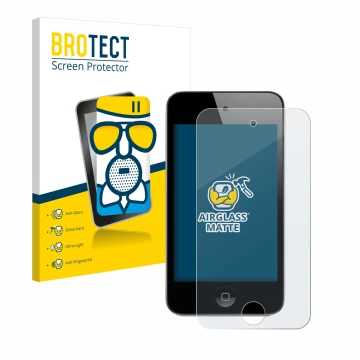 Front side of a product packaging with the brand logo BROTECT. Next to it is the device Apple iPod Touch (4th Gen.) shown with