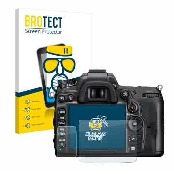 Front side of a product packaging with the brand logo BROTECT. Next to it is the device Nikon D7000 shown with the correspondi