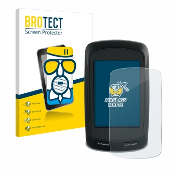 Front side of a product packaging with the brand logo BROTECT. Next to it is the device Garmin Edge 800 shown with the corresp