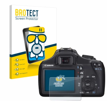 Front side of a product packaging with the brand logo BROTECT. Next to it is the device Canon EOS 1100D shown with the corresp