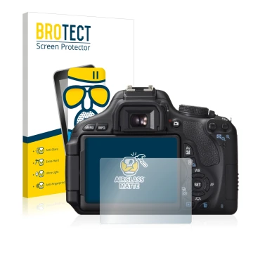 Front side of a product packaging with the brand logo BROTECT. Next to it is the device Canon EOS 600D shown with the correspo