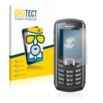 Front side of a product packaging with the brand logo BROTECT. Next to it is the device Samsung GT-B2710 shown with the corres