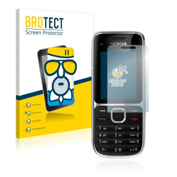 Front side of a product packaging with the brand logo BROTECT. Next to it is the device Nokia C2-01 shown with the correspondi