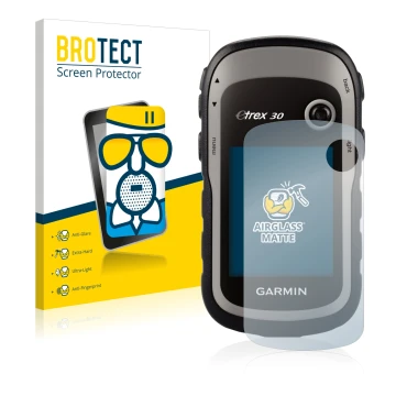 Front side of a product packaging with the brand logo BROTECT. Next to it is the device Garmin eTrex 30 shown with the corresp