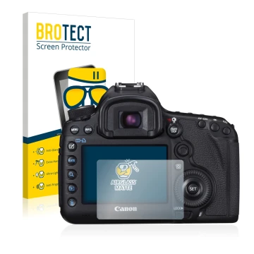 Front side of a product packaging with the brand logo BROTECT. Next to it is the device Canon EOS 5D Mark III shown with the c