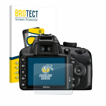 Front side of a product packaging with the brand logo BROTECT. Next to it is the device Nikon D3200 shown with the correspondi
