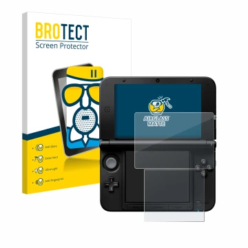 Front side of a product packaging with the brand logo BROTECT. Next to it is the device Nintendo 3DS XL SPM7800 shown with the