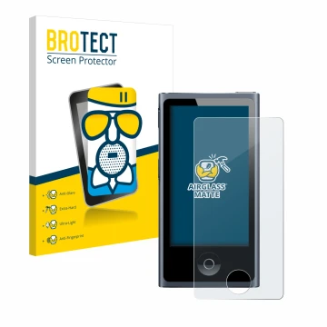 Front side of a product packaging with the brand logo BROTECT. Next to it is the device Apple iPod nano 2012 (7th Gen.) shown 