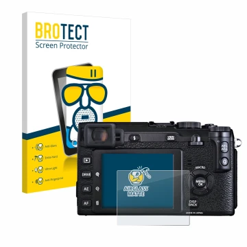 Front side of a product packaging with the brand logo BROTECT. Next to it is the device Fujifilm X-E1 shown with the correspon