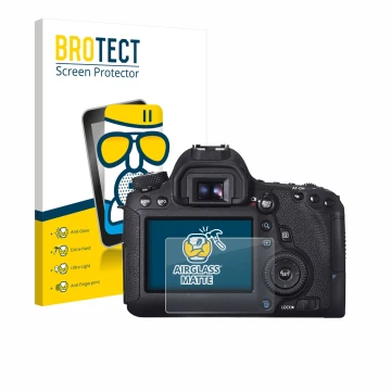 Front side of a product packaging with the brand logo BROTECT. Next to it is the device Canon EOS 6D shown with the correspond