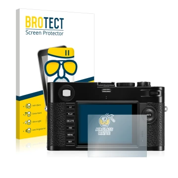 Front side of a product packaging with the brand logo BROTECT. Next to it is the device Leica M (Typ 240) shown with the corre