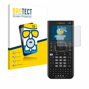 Front side of a product packaging with the brand logo BROTECT. Next to it is the device Texas Instruments Nspire CX CAS shown 