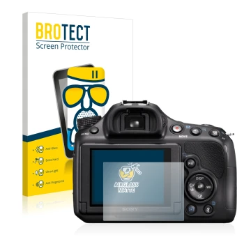 Front side of a product packaging with the brand logo BROTECT. Next to it is the device Sony Alpha 58 (SLT-A58) shown with the