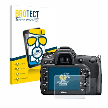 Front side of a product packaging with the brand logo BROTECT. Next to it is the device Nikon D7100 shown with the correspondi
