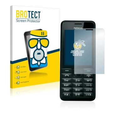 Front side of a product packaging with the brand logo BROTECT. Next to it is the device Nokia 301 shown with the corresponding