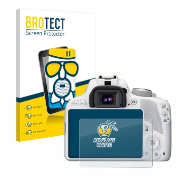 Front side of a product packaging with the brand logo BROTECT. Next to it is the device Canon EOS 100D shown with the correspo