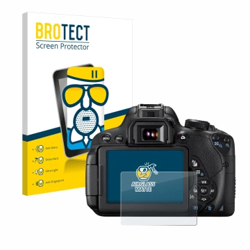 Front side of a product packaging with the brand logo BROTECT. Next to it is the device Canon EOS 700D shown with the correspo