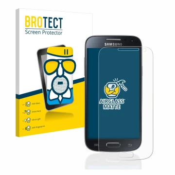 Front side of a product packaging with the brand logo BROTECT. Next to it is the device Samsung Galaxy S4 Mini shown with the 