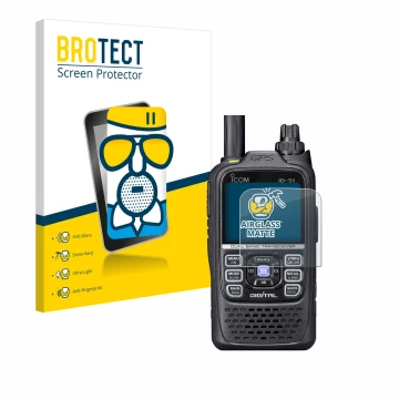 Front side of a product packaging with the brand logo BROTECT. Next to it is the device Icom ID-51 shown with the correspondin