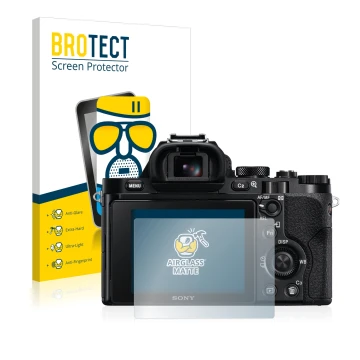 Front side of a product packaging with the brand logo BROTECT. Next to it is the device Sony Alpha 7 (ILCE-7) shown with the c