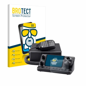 Front side of a product packaging with the brand logo BROTECT. Next to it is the device Icom IC-7100 shown with the correspond