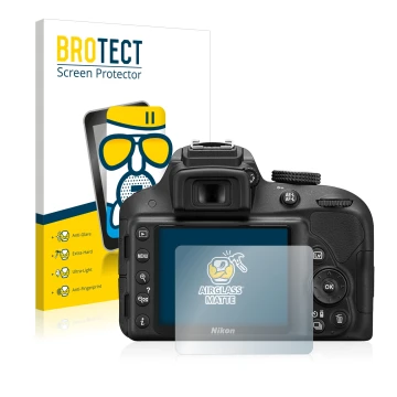 Front side of a product packaging with the brand logo BROTECT. Next to it is the device Nikon D3300 shown with the correspondi