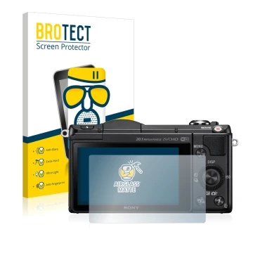 Front side of a product packaging with the brand logo BROTECT. Next to it is the device Sony Alpha 5000 (DSLR-A5000) shown wit