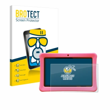 Front side of a product packaging with the brand logo BROTECT. Next to it is the device Contixo Kids 7