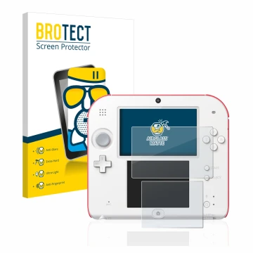 Front side of a product packaging with the brand logo BROTECT. Next to it is the device Nintendo 2DS shown with the correspond