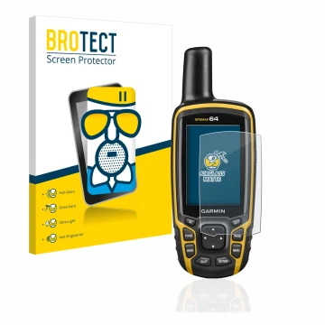 Front side of a product packaging with the brand logo BROTECT. Next to it is the device Garmin GPSMAP 64 shown with the corres