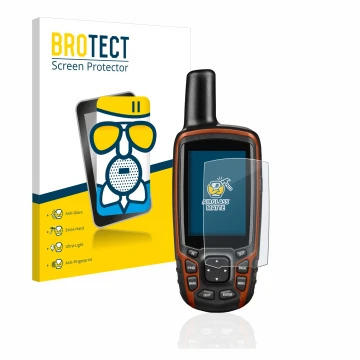 Front side of a product packaging with the brand logo BROTECT. Next to it is the device Garmin GPSMAP 64s shown with the corre