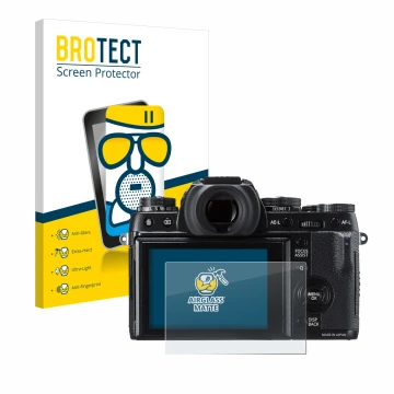 Front side of a product packaging with the brand logo BROTECT. Next to it is the device Fujifilm X-T1 shown with the correspon