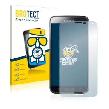 Front side of a product packaging with the brand logo BROTECT. Next to it is the device Samsung Galaxy S5 shown with the corre