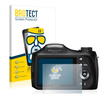 Front side of a product packaging with the brand logo BROTECT. Next to it is the device Sony Cyber-Shot DSC-H300 shown with th
