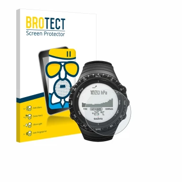 Front side of a product packaging with the brand logo BROTECT. Next to it is the device Suunto Core Regular Black shown with t