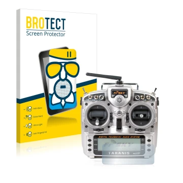 Front side of a product packaging with the brand logo BROTECT. Next to it is the device FrSky Taranis X9D shown with the corre