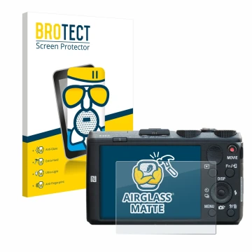 Front side of a product packaging with the brand logo BROTECT. Next to it is the device Sony Cyber-Shot DSC-HX60 shown with th