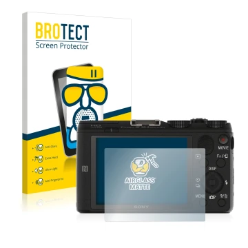 Front side of a product packaging with the brand logo BROTECT. Next to it is the device Sony Cyber-Shot DSC-HX60V shown with t