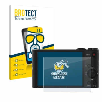Front side of a product packaging with the brand logo BROTECT. Next to it is the device Sony Cyber-Shot DSC-WX350 shown with t