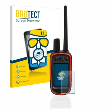Front side of a product packaging with the brand logo BROTECT. Next to it is the device Garmin Alpha 100 shown with the corres