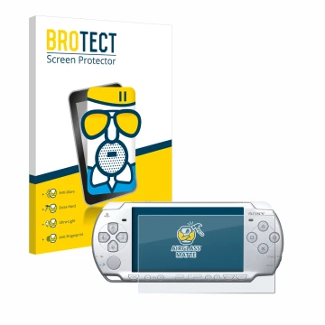 Front side of a product packaging with the brand logo BROTECT. Next to it is the device Sony PSP 2004 shown with the correspon