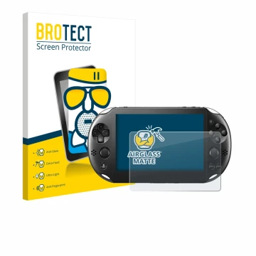 Front side of a product packaging with the brand logo BROTECT. Next to it is the device Sony Playstation PS Vita Slim shown wi